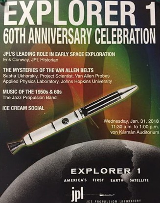 Poster for JPL's Explorer 1 60th anniversary celebration on January 31, 2018, showing the Explorer 1 satellite
